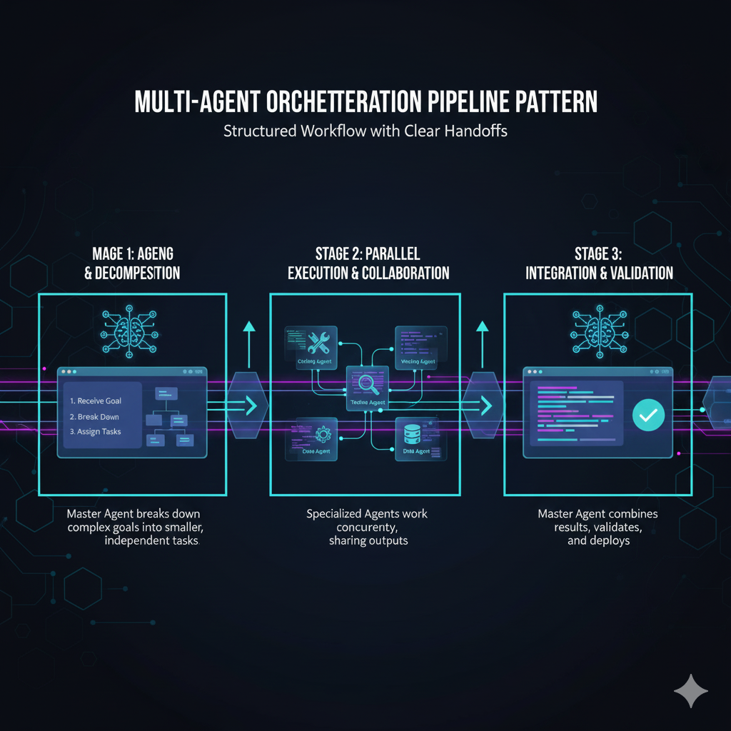 AI agent orchestration architecture diagram showing connected nodes and workflow